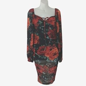 Missguided Dress Floral Ruched Cup Long Sleeve Body Con Valentine's Day
